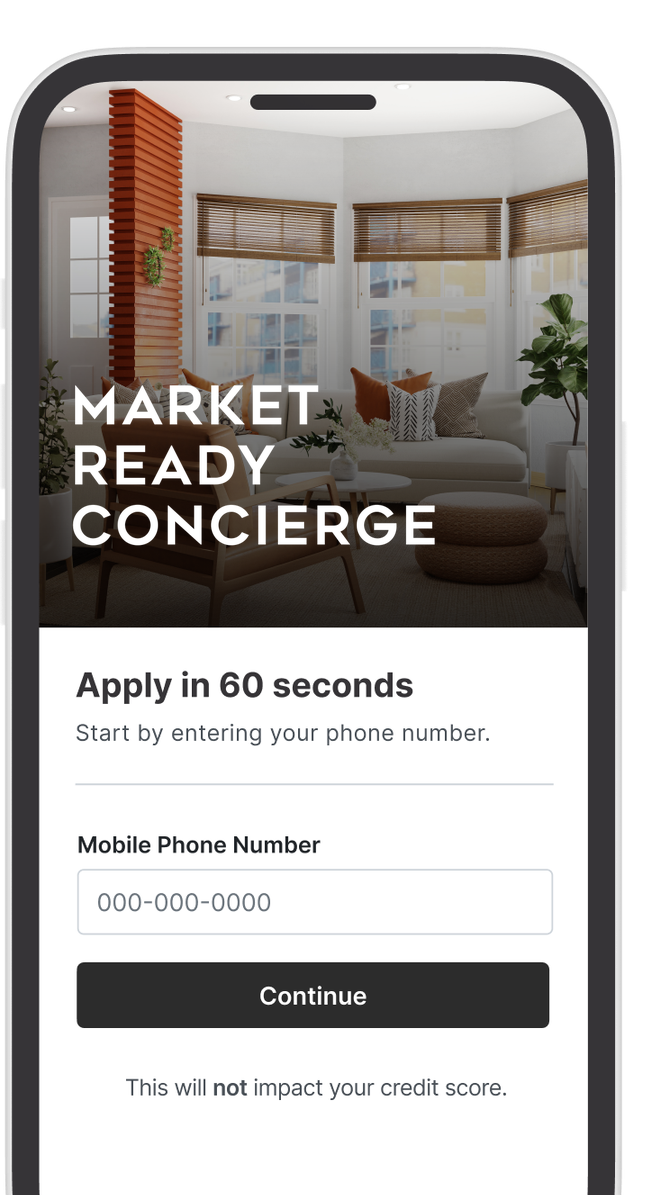 Market Ready Concierge application on a phone: Apply in 60 seconds. This will not impact your credit score.